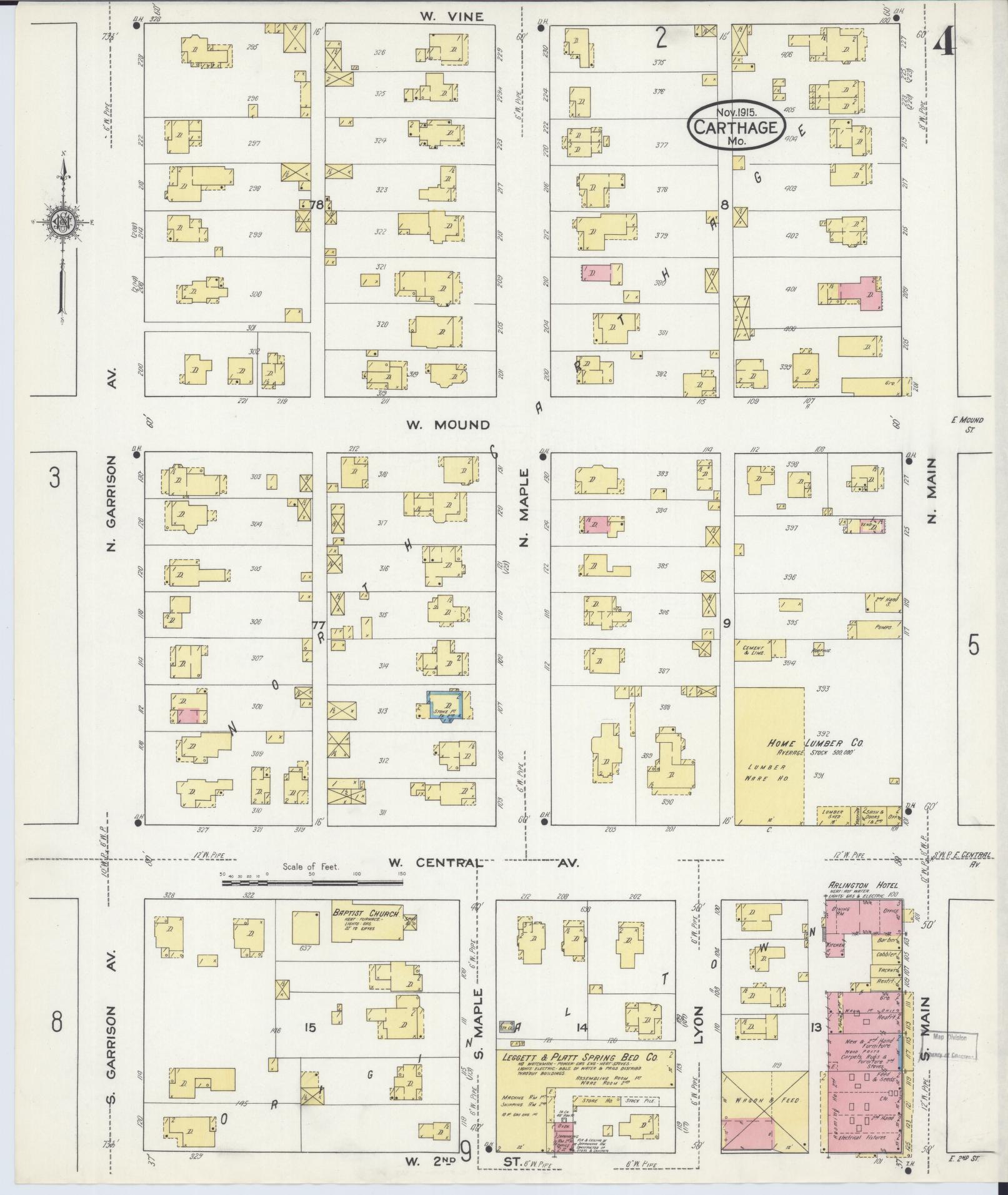Sanborn Fire Insurance Map from Carthage, Jasper County, Missouri (1915), Sheet #0004 - Historic Sanborn Fire Insurance Map Print, vintage old map wall art, antique decor, genealogy gift, Missouri Missouri map