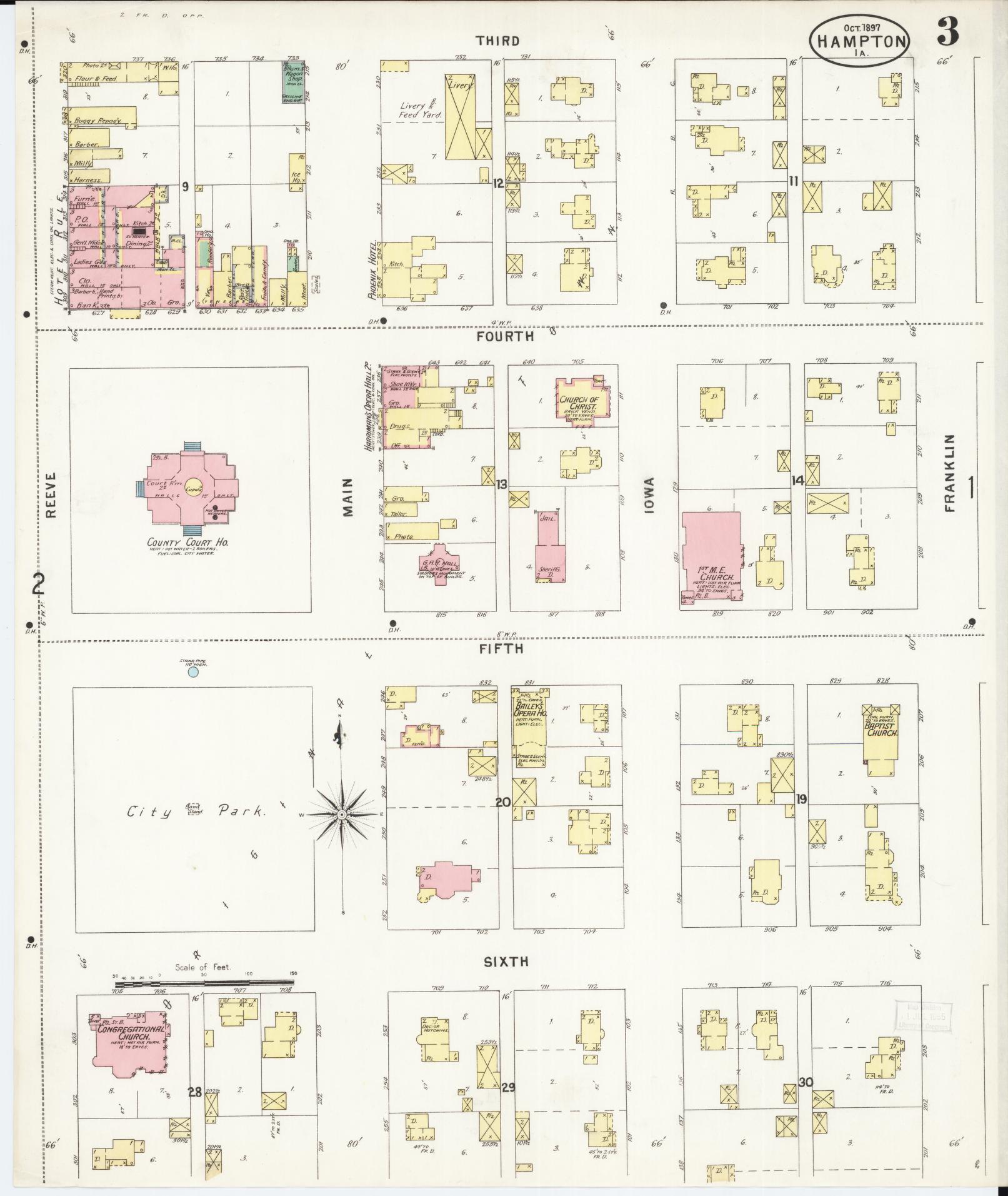 Sanborn Fire Insurance Map from Hampton, Franklin County, Iowa (1897), Sheet #0003 - Historic Sanborn Fire Insurance Map Print, vintage old map wall art