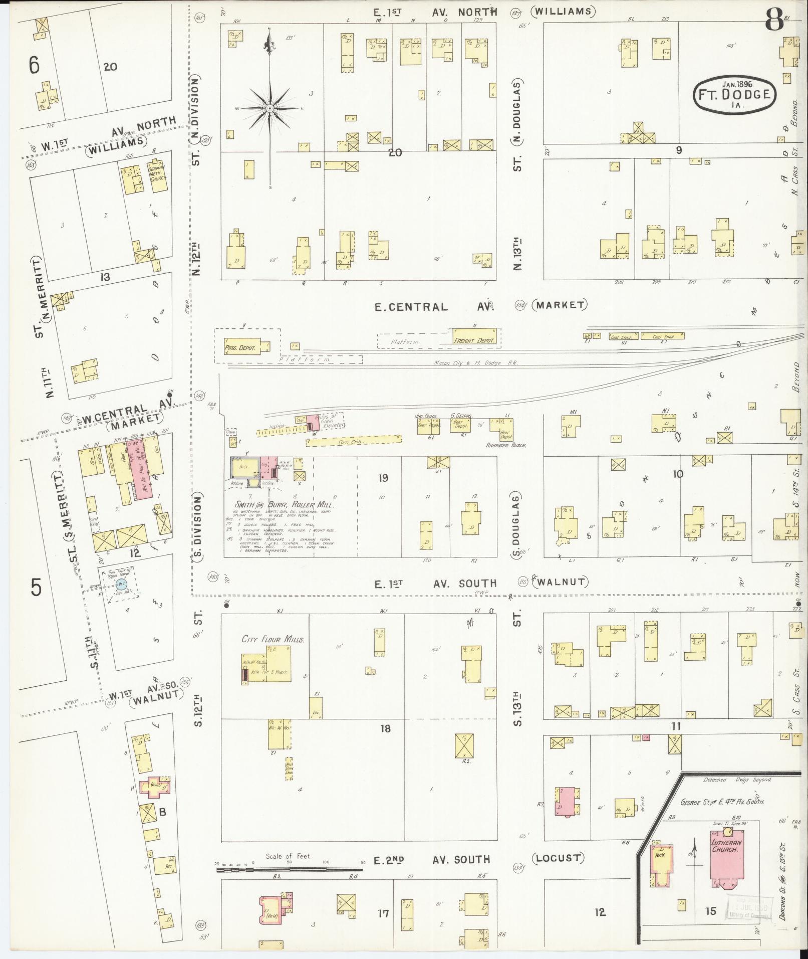 Sanborn Fire Insurance Map from Fort Dodge, Webster County, Iowa (1896), Sheet #0008 - Historic Sanborn Fire Insurance Map Print, vintage old map wall art