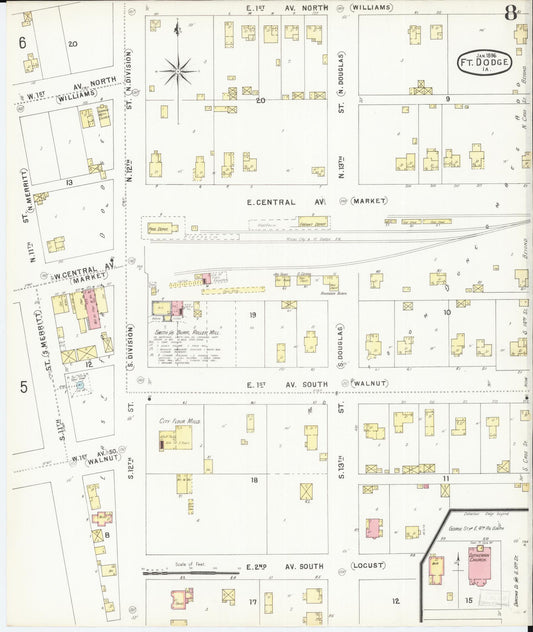 Sanborn Fire Insurance Map from Fort Dodge, Webster County, Iowa (1896), Sheet #0008 - Historic Sanborn Fire Insurance Map Print, vintage old map wall art