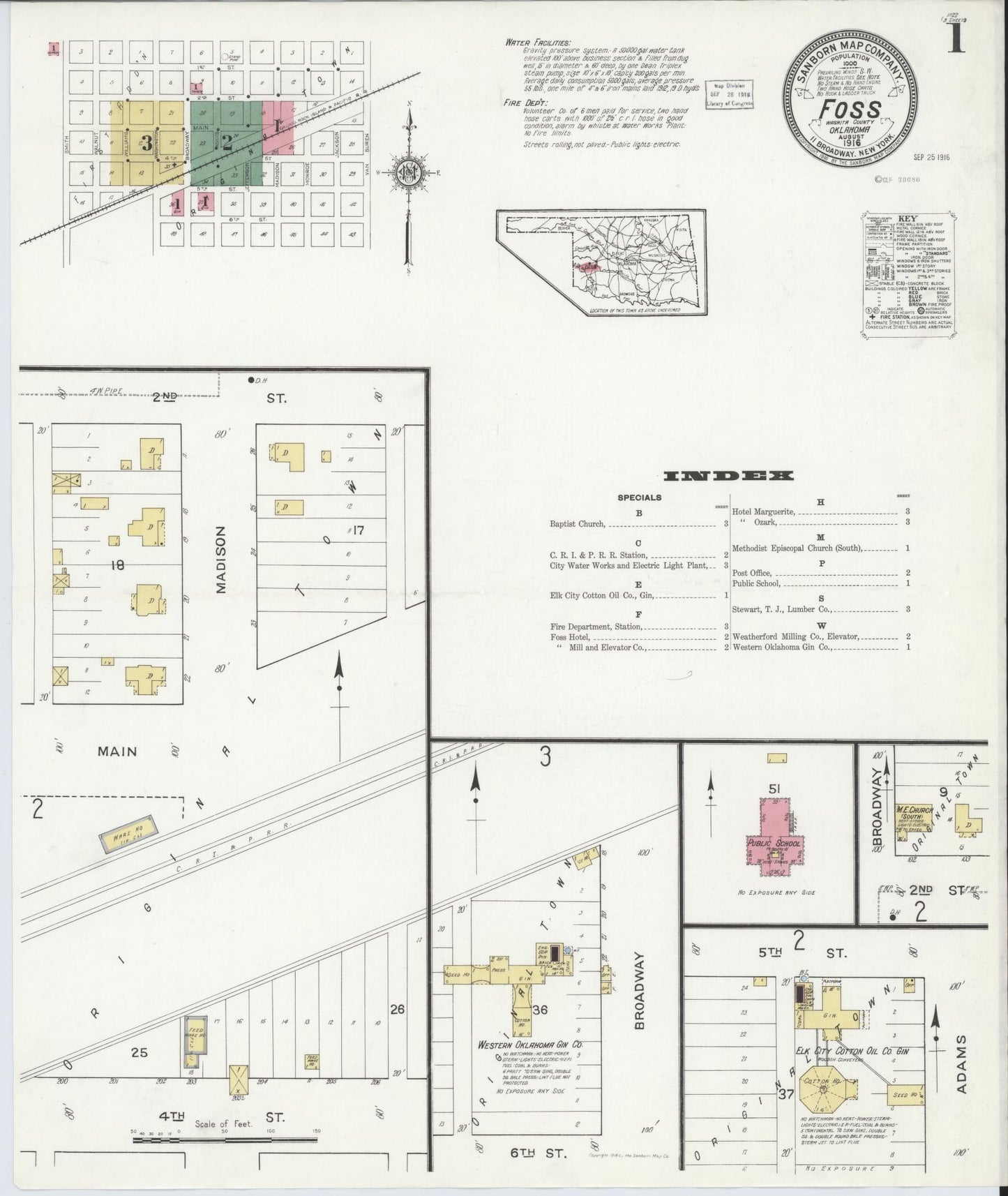 Sanborn Fire Insurance Map from Foss, Washita County, Oklahoma (1916), Sheet #0001 - Complete Map Set gallery image, historic Sanborn map, vintage wall art, Oklahoma Oklahoma