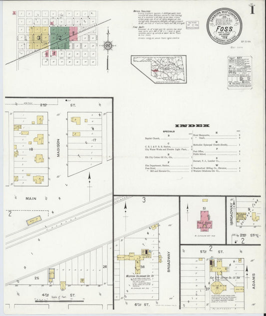 Sanborn Fire Insurance Map from Foss, Washita County, Oklahoma (1916), Sheet #0001 - Complete Map Set gallery image, historic Sanborn map, vintage wall art, Oklahoma Oklahoma