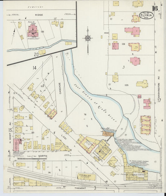 Sanborn Fire Insurance Map from Elyria, Lorain County, Ohio (1915), Sheet #0016 - Historic Sanborn Fire Insurance Map Print, vintage old map wall art, antique decor, genealogy gift, Ohio Ohio map