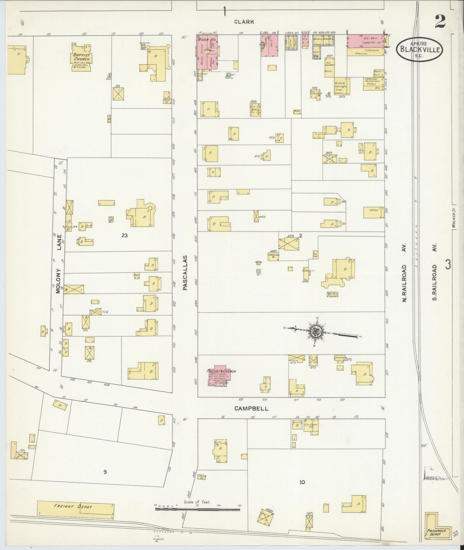 Sanborn Fire Insurance Map from Blackville, Barnwell County, South Carolina (1912), Sheet #0002 - Historic Sanborn Fire Insurance Map Print, vintage old map wall art, antique decor, genealogy gift, South Carolina South Carolina map