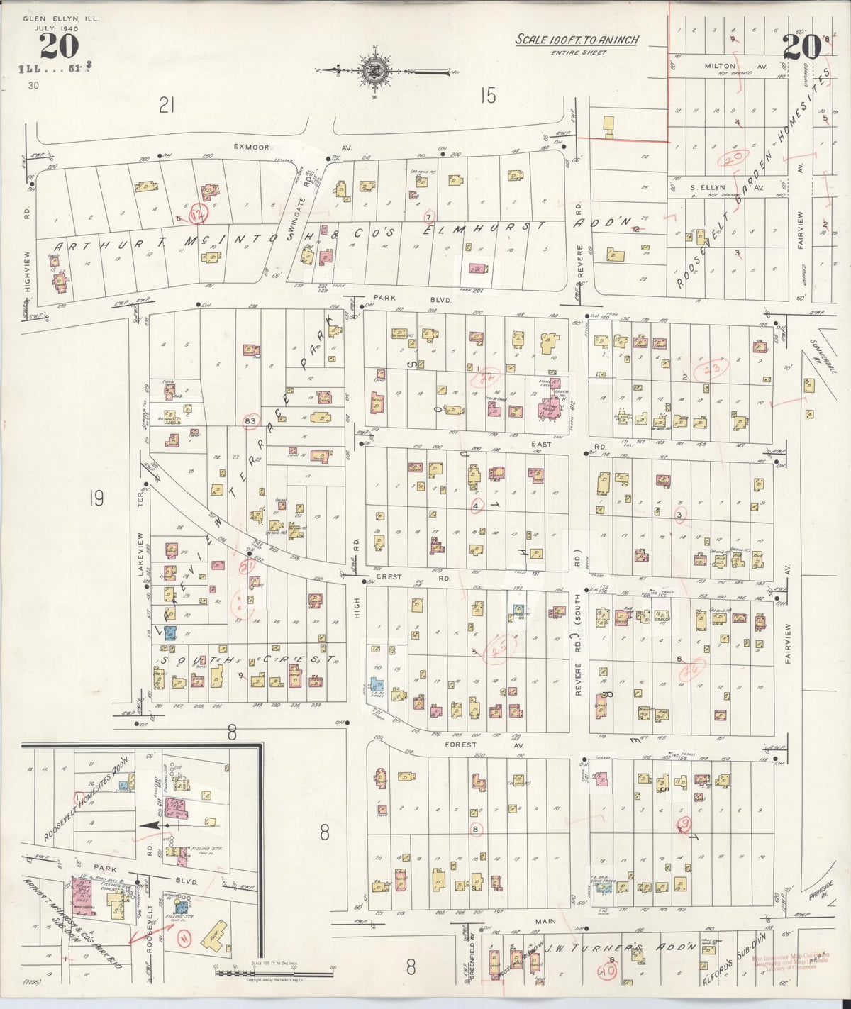 Sanborn Fire Insurance Map from Glen Ellyn, Du Page County, Illinois (1946), Sheet #0020 - Complete Map Set gallery image, historic Sanborn map, vintage wall art, Illinois Illinois