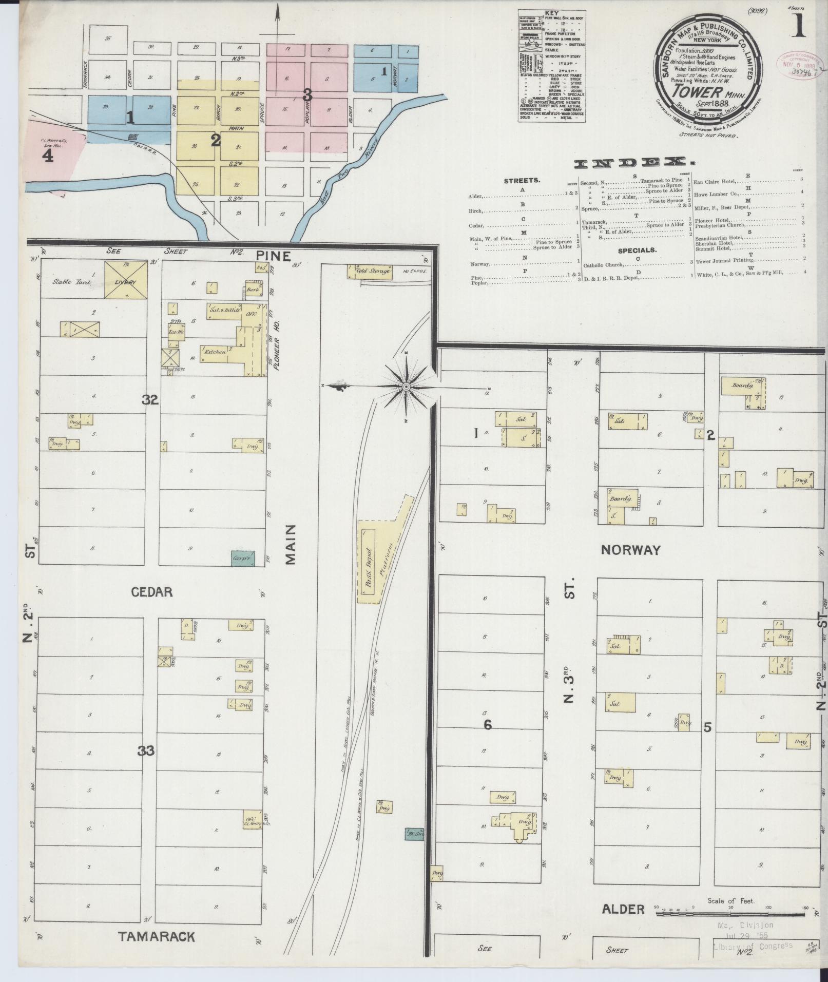 Sanborn Fire Insurance Map from Tower, Saint Louis County, Minnesota (1888), Sheet #0001 - Complete Map Set gallery image, historic Sanborn map, vintage wall art, Minnesota Minnesota
