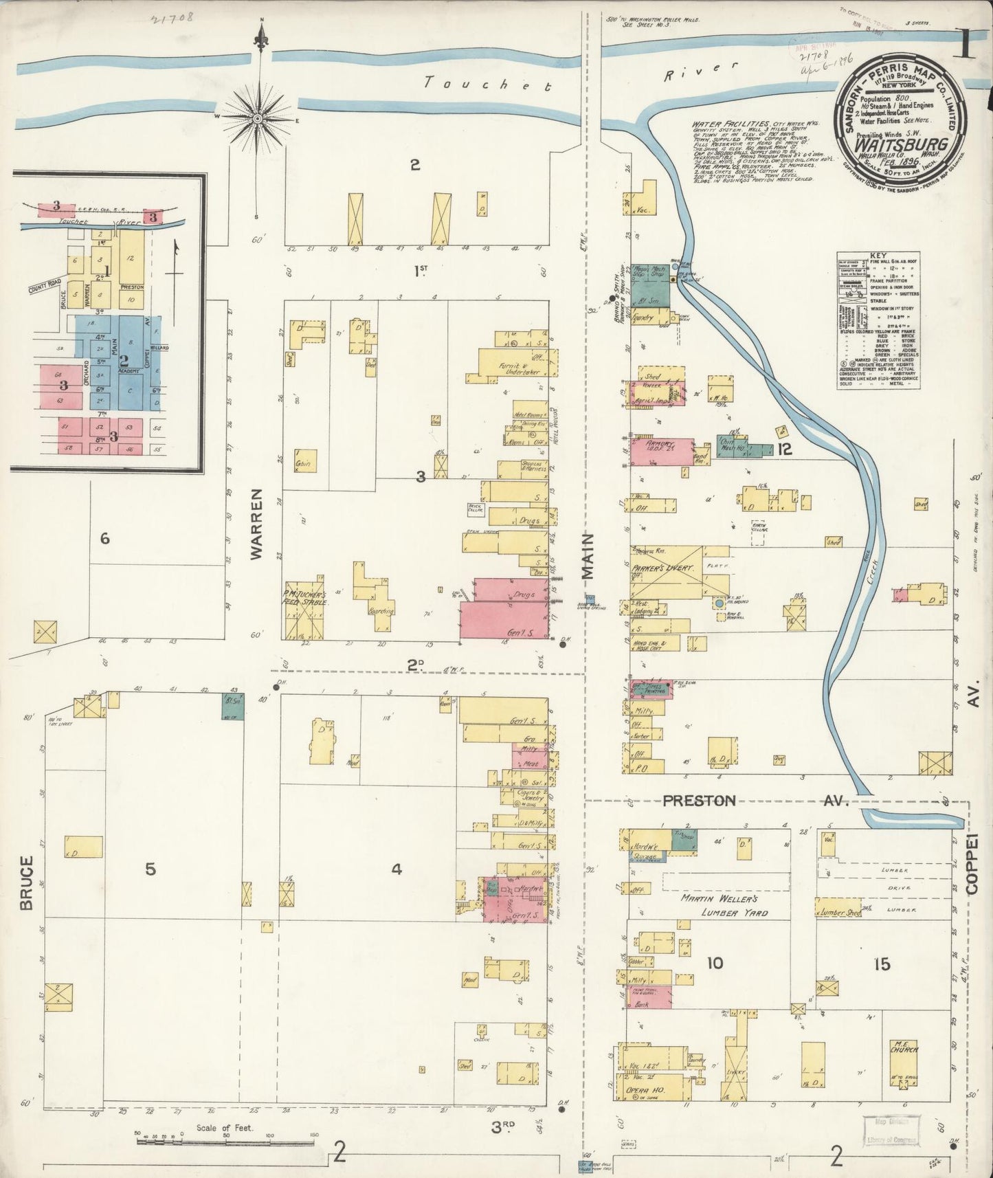 Sanborn Fire Insurance Map from Waitsburg, Walla Walla County, Washington (1896), Sheet #0001 - Complete Map Set gallery image, historic Sanborn map, vintage wall art, Washington Washington