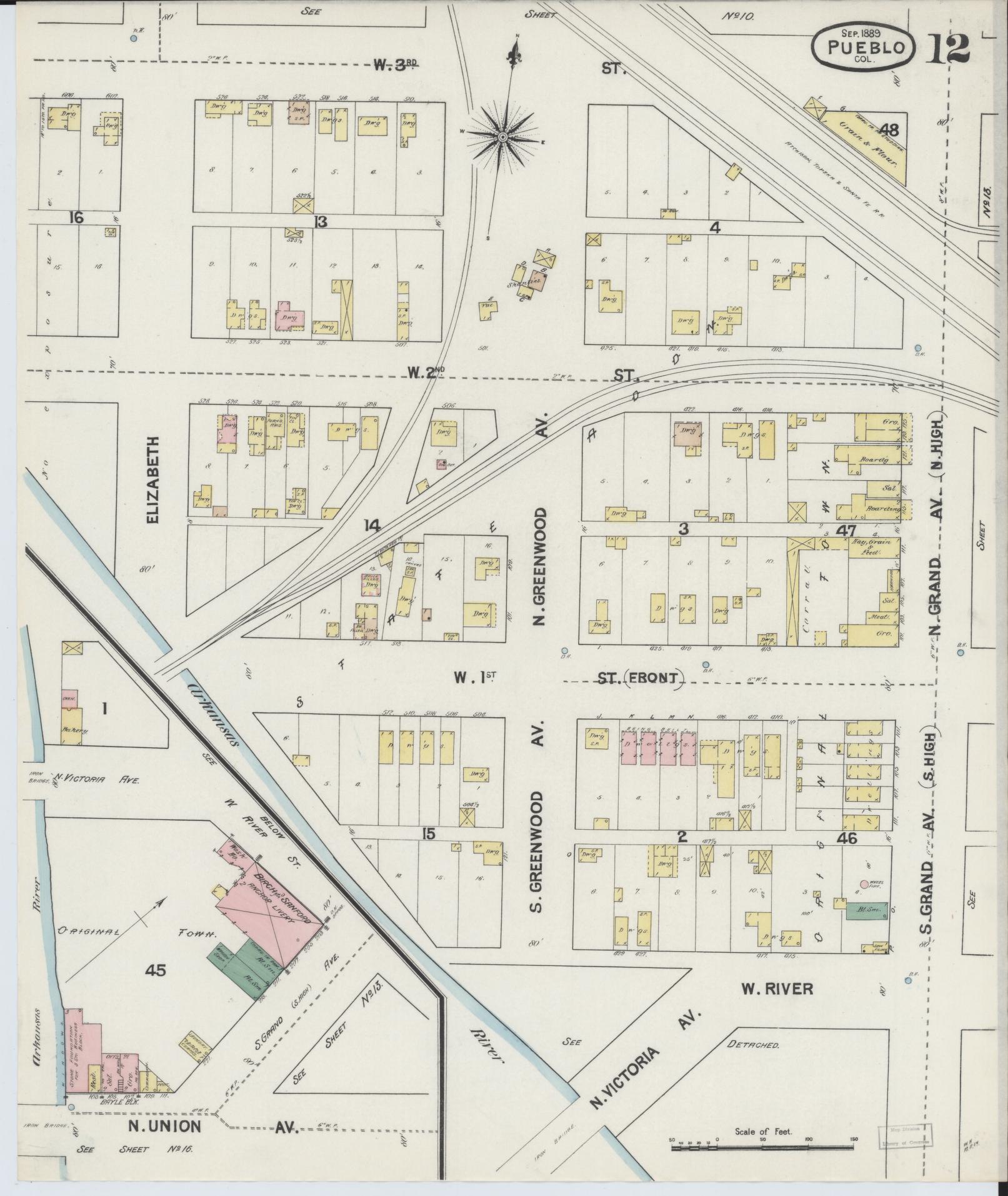Sanborn Fire Insurance Map from Pueblo, Pueblo County, Colorado (1889), Sheet #0012 - Complete Map Set gallery image, historic Sanborn map, vintage wall art, Colorado Colorado