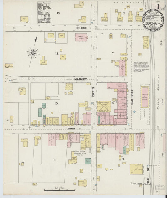 Sanborn Fire Insurance Map from Cartersville, Bartow County, Georgia (1890), Sheet #0001 - Historic Sanborn Fire Insurance Map Print, vintage old map wall art, antique decor, genealogy gift, Georgia Georgia map
