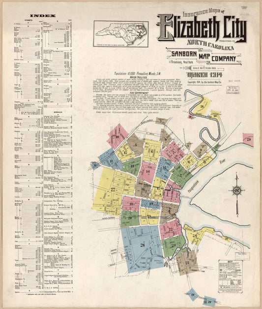 Sanborn Fire Insurance Map from Elizabeth City, Pasquotank County, North Carolina (1914), Sheet #0001 - Historic Sanborn Fire Insurance Map Print, vintage old map wall art, antique decor, genealogy gift, North Carolina North Carolina map