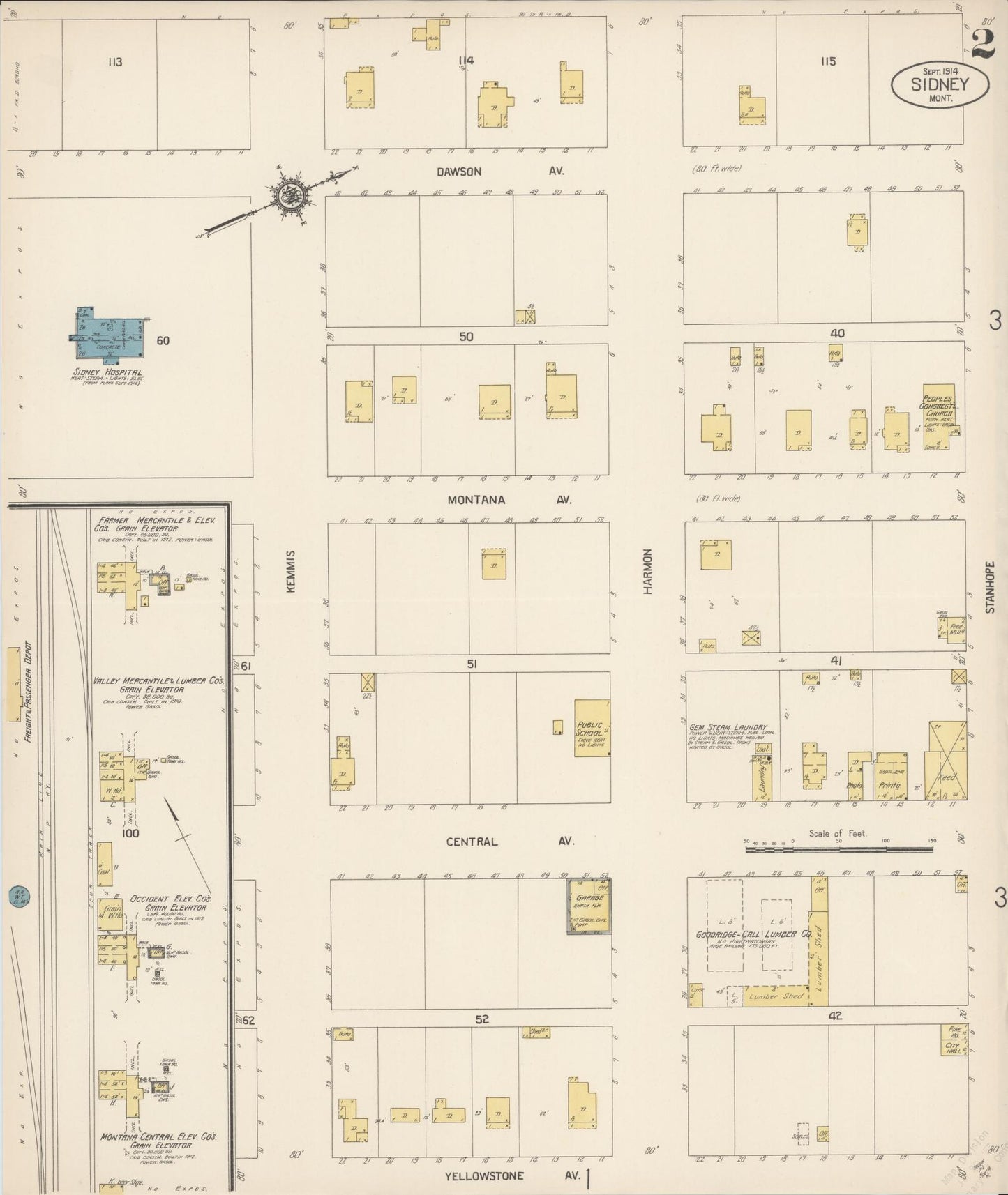 Sanborn Fire Insurance Map from Sidney, Richland County, Montana (1914), Sheet #0002 - Historic Sanborn Fire Insurance Map Print, vintage old map wall art, antique decor, genealogy gift, Montana Montana map