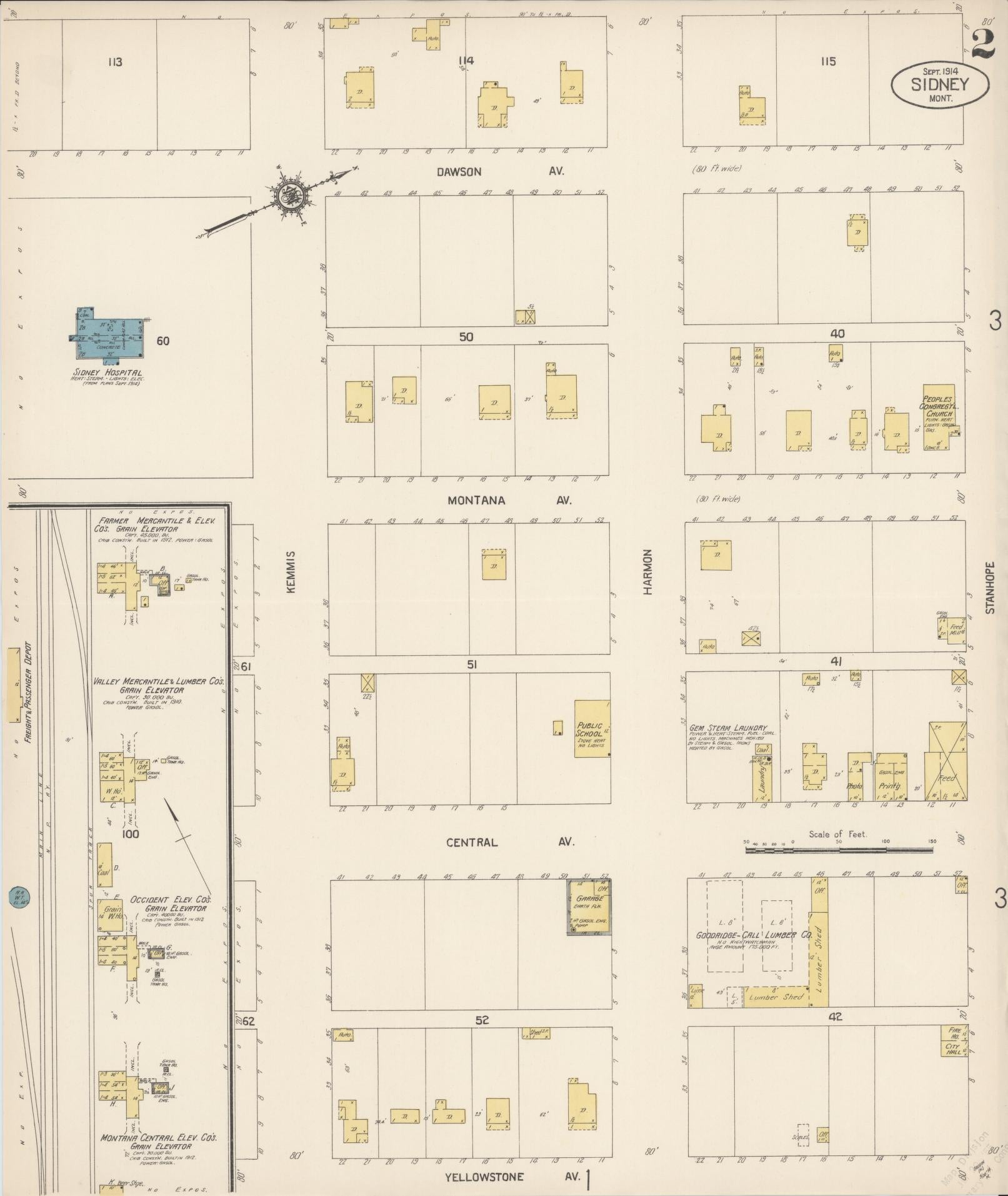 Sanborn Fire Insurance Map from Sidney, Richland County, Montana (1914), Sheet #0002 - Historic Sanborn Fire Insurance Map Print, vintage old map wall art, antique decor, genealogy gift, Montana Montana map
