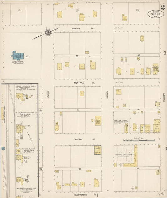 Sanborn Fire Insurance Map from Sidney, Richland County, Montana (1914), Sheet #0002 - Historic Sanborn Fire Insurance Map Print, vintage old map wall art, antique decor, genealogy gift, Montana Montana map