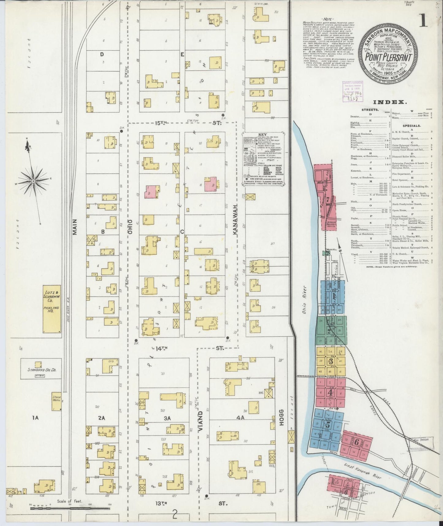 Sanborn Fire Insurance Map from Point Pleasant, Mason County, West Virginia (1905), Sheet #0001 - Historic Sanborn Fire Insurance Map Print, vintage old map wall art, antique decor, genealogy gift, West Virginia West Virginia map