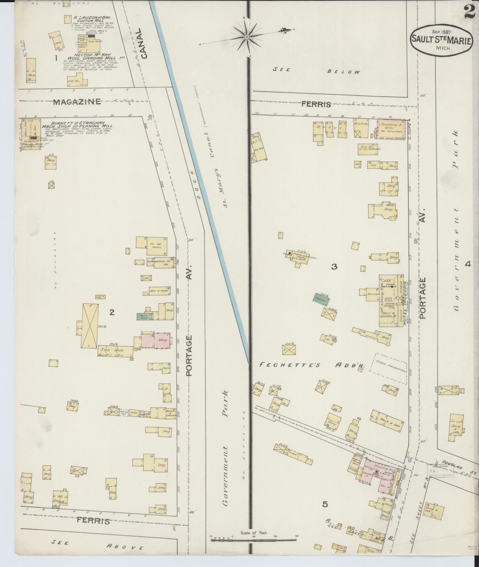 Sanborn Fire Insurance Map from Sault Sainte Marie, Chippewa County, Michigan (1887), Sheet #0002 - Historic Sanborn Fire Insurance Map Print, vintage old map wall art, antique decor, genealogy gift, Michigan Michigan map