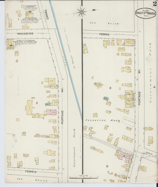 Sanborn Fire Insurance Map from Sault Sainte Marie, Chippewa County, Michigan (1887), Sheet #0002 - Historic Sanborn Fire Insurance Map Print, vintage old map wall art, antique decor, genealogy gift, Michigan Michigan map