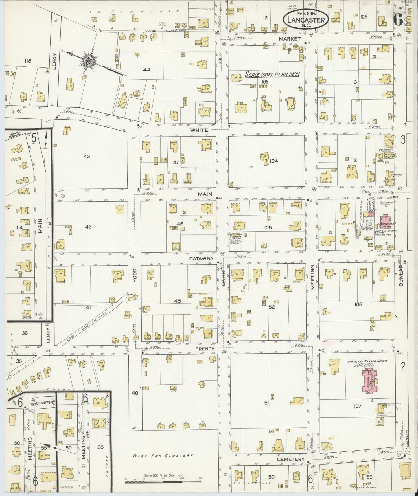 Sanborn Fire Insurance Map from Lancaster, Lancaster County, South Carolina (1916), Sheet #0006 - Complete Map Set gallery image, historic Sanborn map, vintage wall art, South Carolina South Carolina
