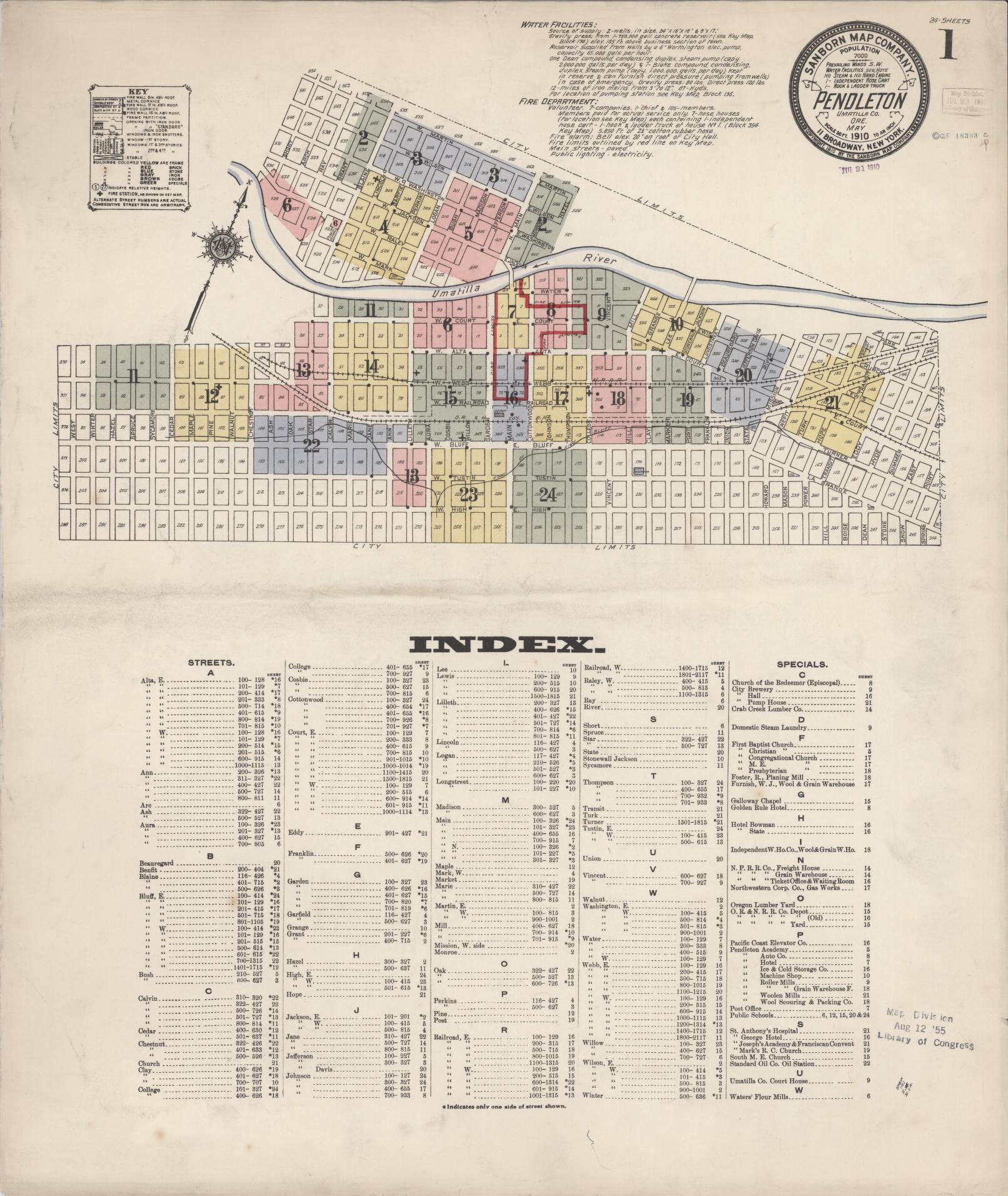 Sanborn Fire Insurance Map from Pendleton, Umatilla County, Oregon (1910), Sheet #0001 - Historic Sanborn Fire Insurance Map Print, vintage old map wall art, antique decor, genealogy gift, Oregon Oregon map