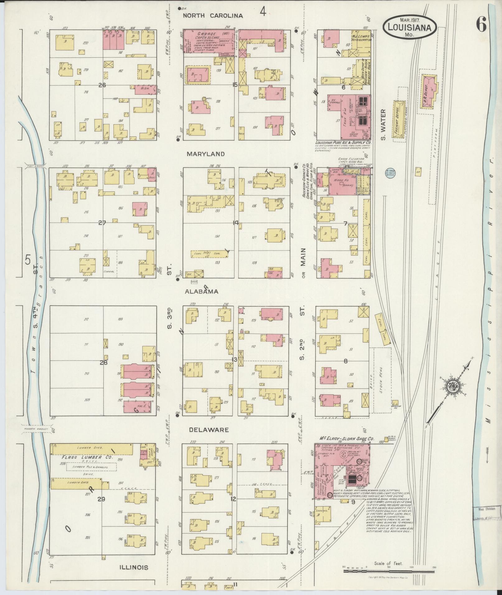 Sanborn Fire Insurance Map from Louisiana, Pike County, Missouri (1917), Sheet #0006 - Complete Map Set gallery image, historic Sanborn map, vintage wall art, Missouri Missouri