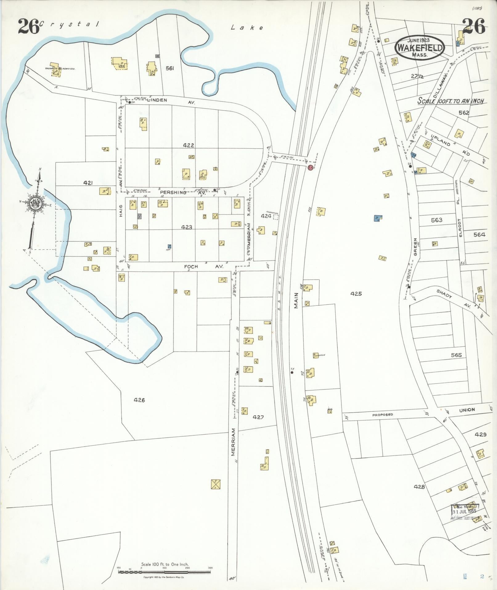 Sanborn Fire Insurance Map from Wakefield, Middlesex County, Massachusetts (1923), Sheet #0026 - Historic Sanborn Fire Insurance Map Print, vintage old map wall art, antique decor, genealogy gift, Massachusetts Massachusetts map