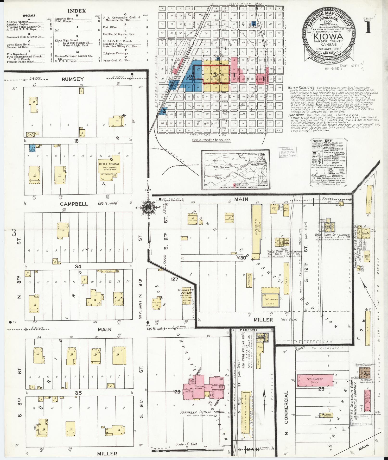 Sanborn Fire Insurance Map from Kiowa, Barber County, Kansas (1922), Sheet #0001 - Complete Map Set gallery image, historic Sanborn map, vintage wall art, Kansas Kansas