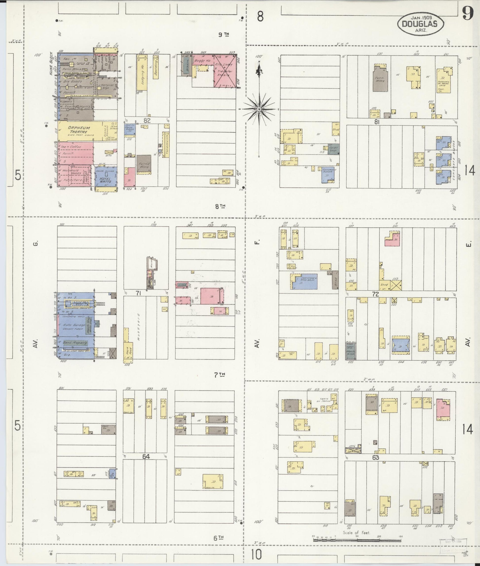 Sanborn Fire Insurance Map from Douglas, Cochise County, Arizona (1909), Sheet #0009 - Complete Map Set gallery image, historic Sanborn map, vintage wall art, Arizona Arizona