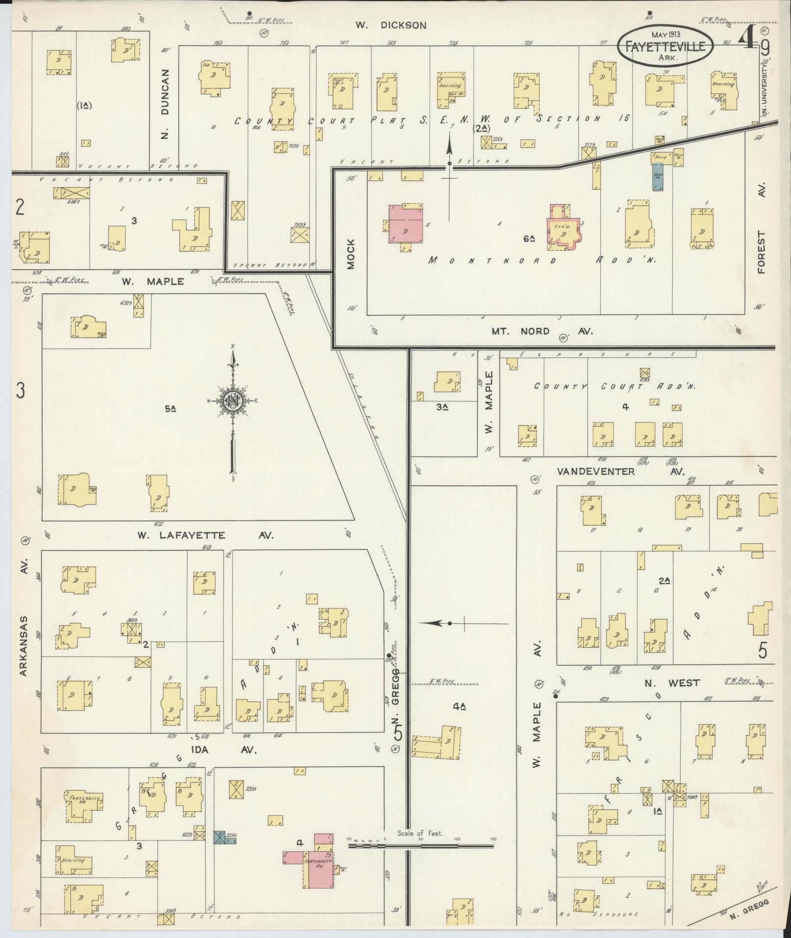 Sanborn Fire Insurance Map from Fayetteville, Washington County, Arkansas (1913), Sheet #0004 - Historic Sanborn Fire Insurance Map Print, vintage old map wall art, antique decor, genealogy gift, Arkansas Arkansas map
