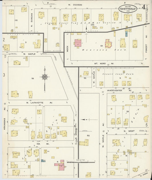 Sanborn Fire Insurance Map from Fayetteville, Washington County, Arkansas (1913), Sheet #0004 - Historic Sanborn Fire Insurance Map Print, vintage old map wall art, antique decor, genealogy gift, Arkansas Arkansas map