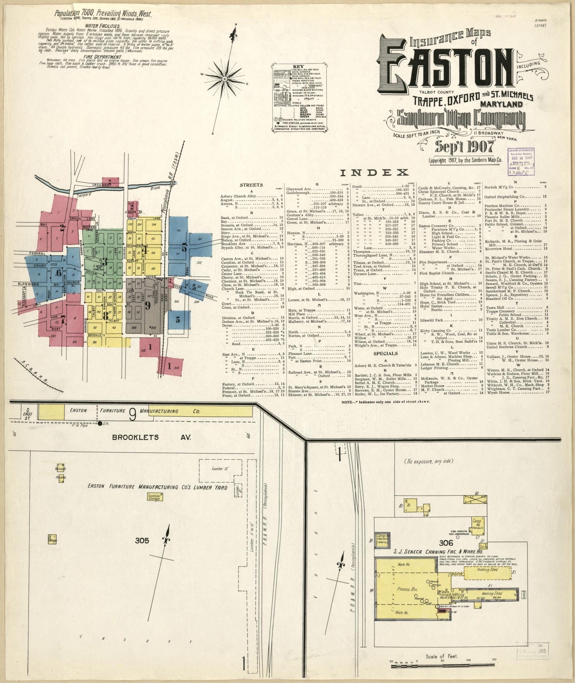 Sanborn Fire Insurance Map from Easton, Talbot County, Maryland (1907), Sheet #0001 - Historic Sanborn Fire Insurance Map Print, vintage old map wall art, antique decor, genealogy gift, Maryland Maryland map