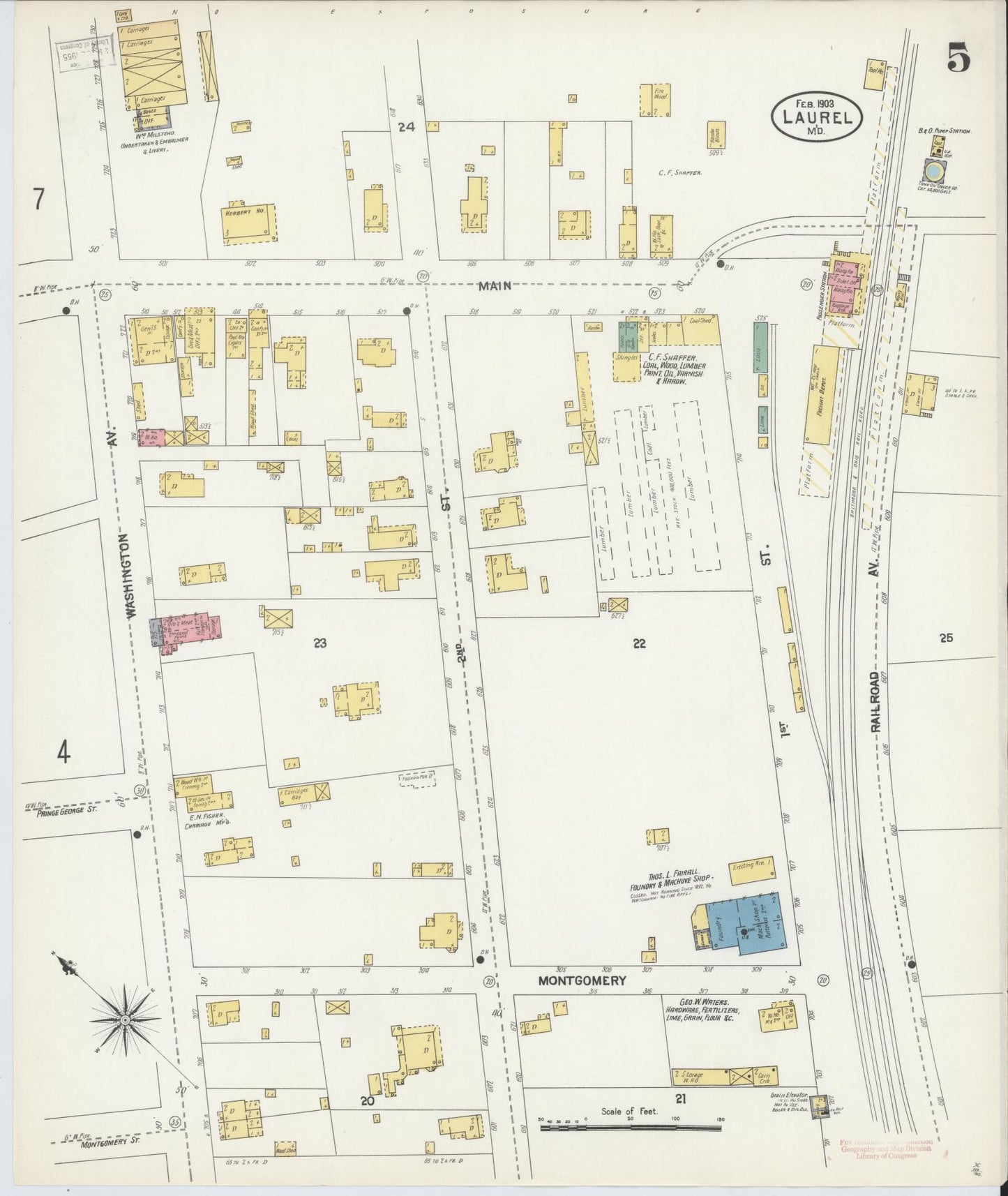 Sanborn Fire Insurance Map from Laurel, Prince Georges County, Maryland (1903), Sheet #0005 - Historic Sanborn Fire Insurance Map Print, vintage old map wall art