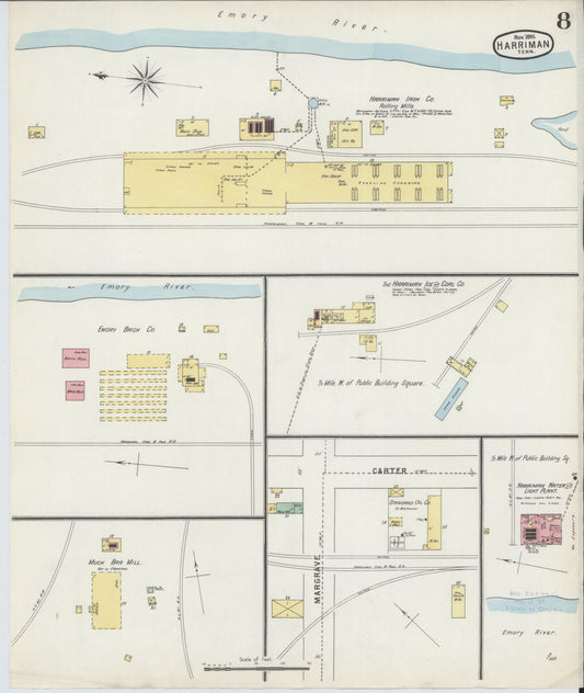 Sanborn Fire Insurance Map from Harriman, Roane County, Tennessee (1895), Sheet #0008 - Historic Sanborn Fire Insurance Map Print, vintage old map wall art, antique decor, genealogy gift, Tennessee Tennessee map