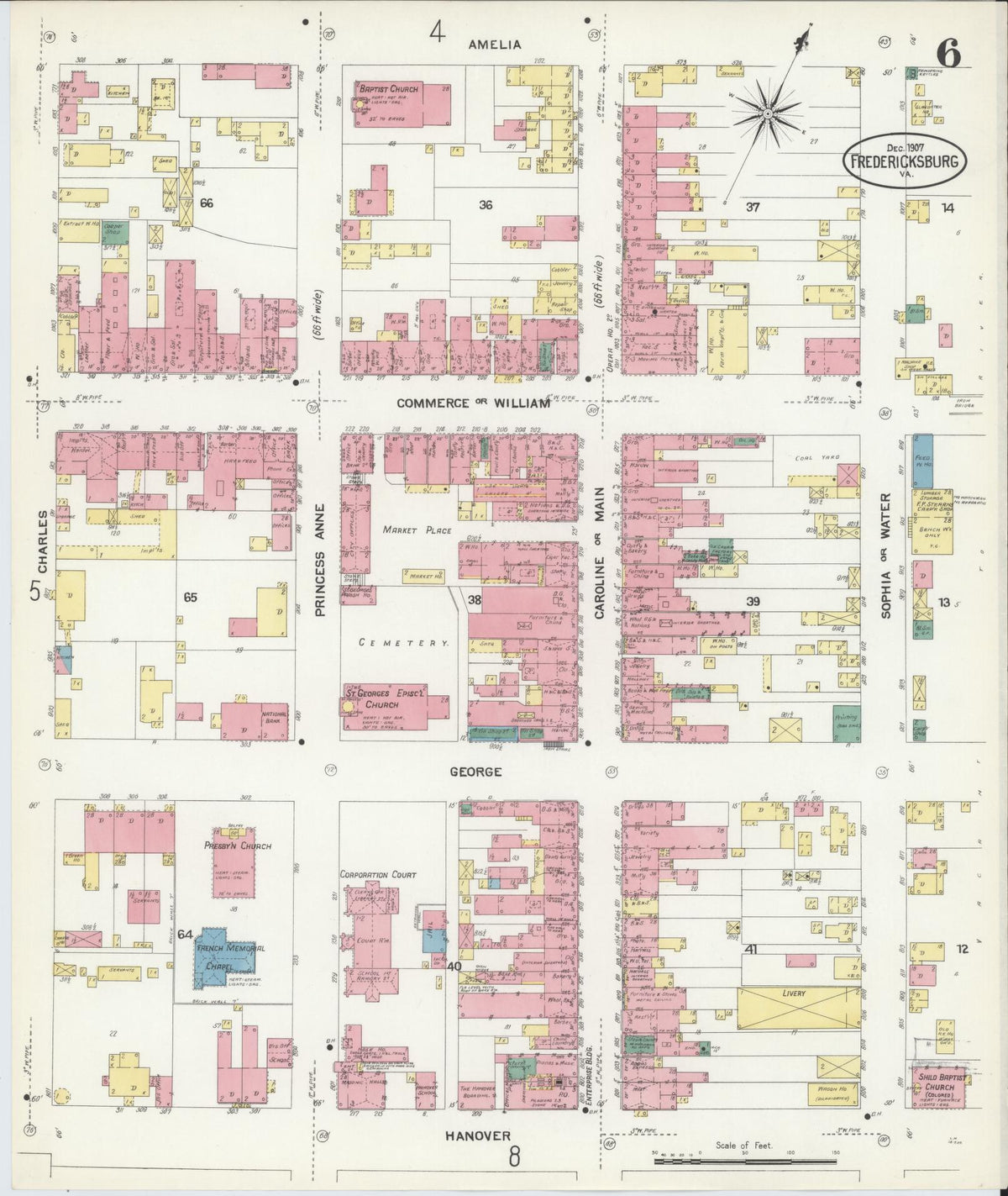 Sanborn Fire Insurance Map from Fredericksburg, Independent Cities, Virginia (1907), Sheet #0006 - Complete Map Set gallery image, historic Sanborn map, vintage wall art, Virginia Virginia