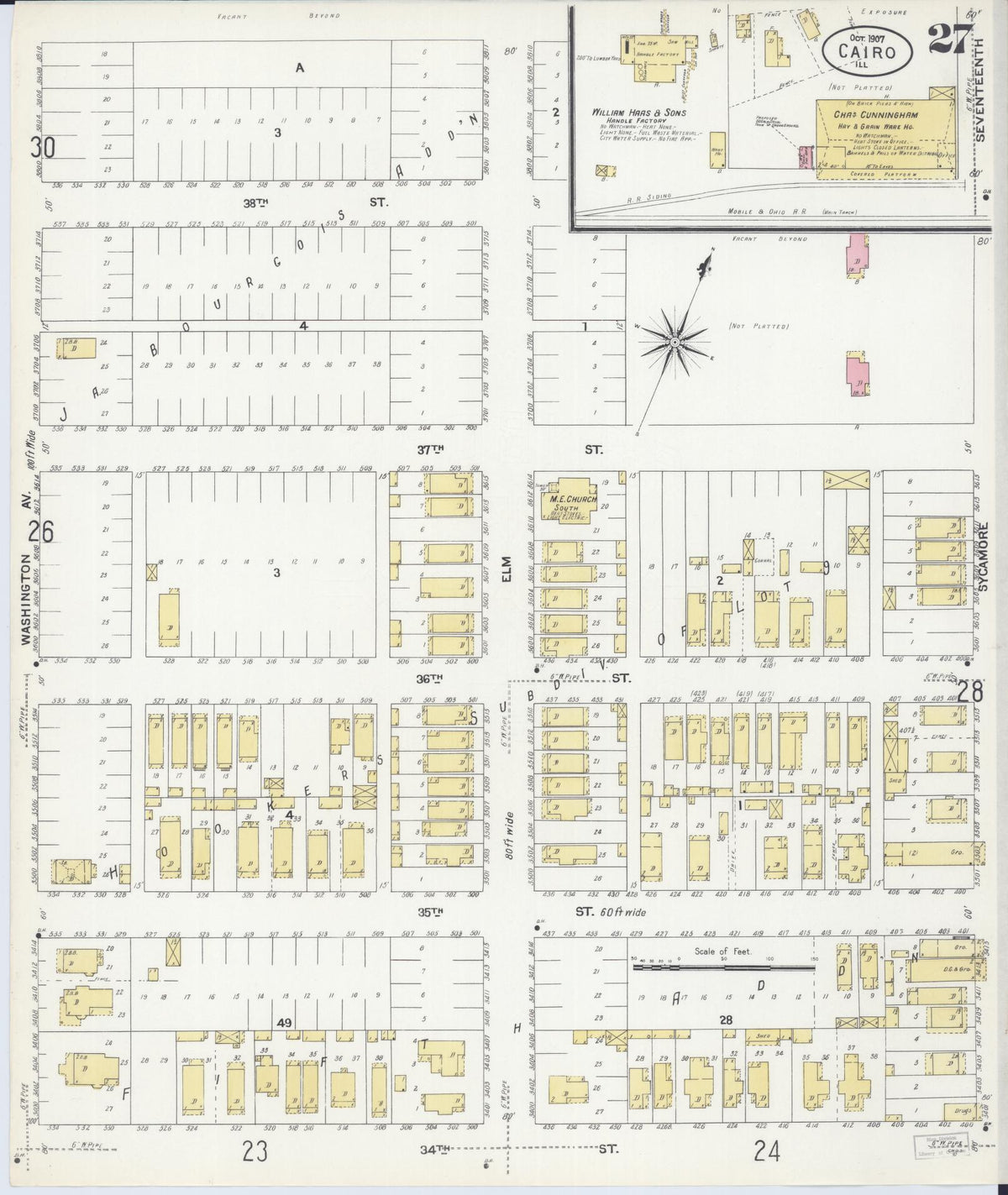 Sanborn Fire Insurance Map from Cairo, Alexander County, Illinois (1907), Sheet #0027 - Historic Sanborn Fire Insurance Map Print, vintage old map wall art, antique decor, genealogy gift, Illinois Illinois map