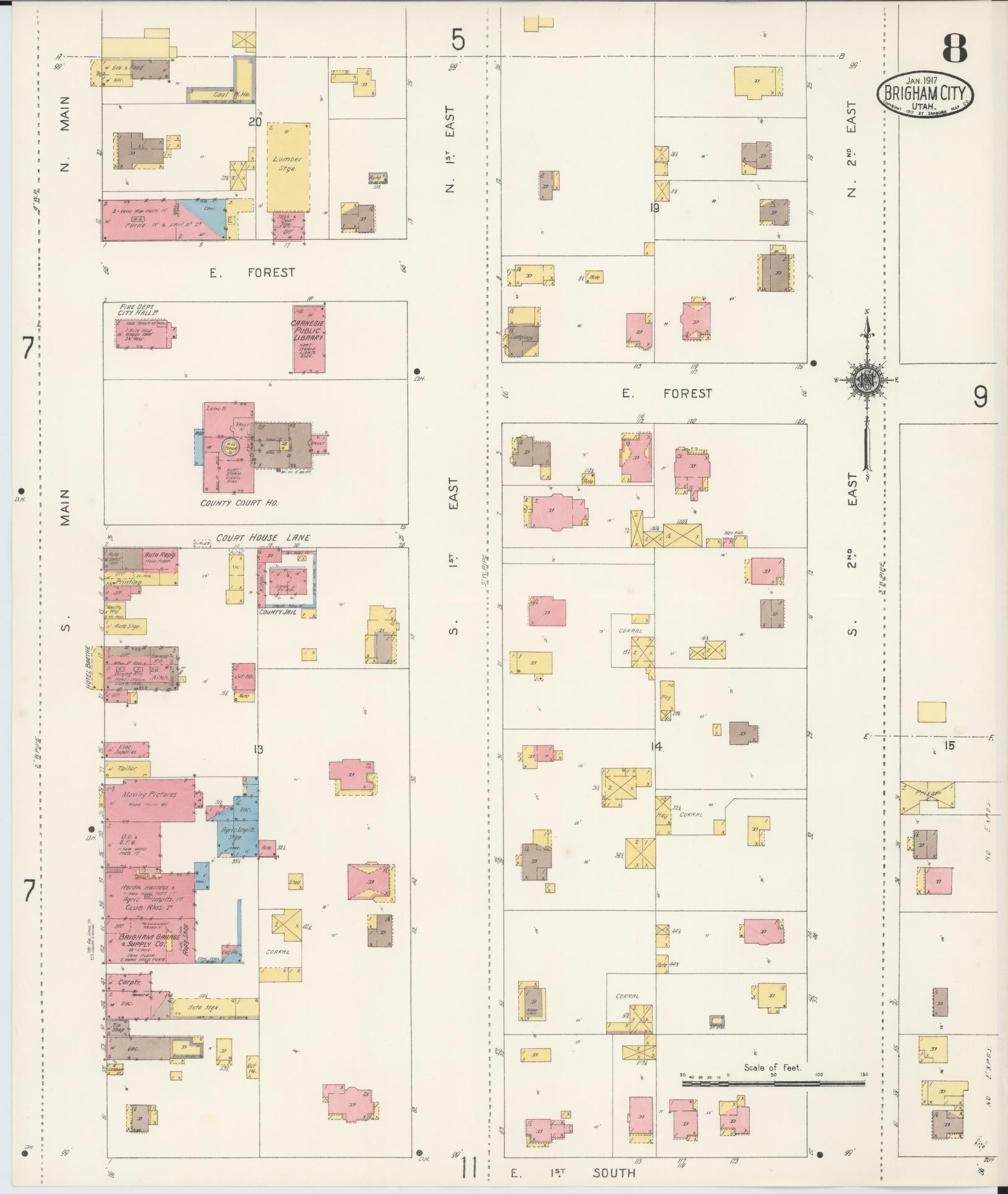 Sanborn Fire Insurance Map from Brigham City, Box Elder County, Utah (1917), Sheet #0008 - Historic Sanborn Fire Insurance Map Print, vintage old map wall art, antique decor, genealogy gift, Utah Utah map