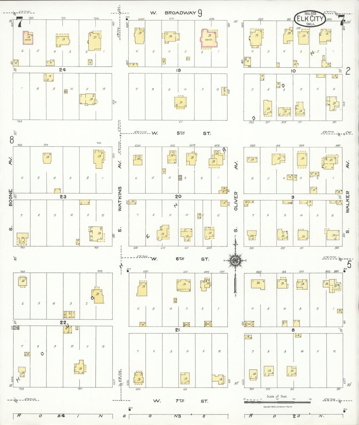 Sanborn Fire Insurance Map from Elk City, Beckham County, Oklahoma (1923), Sheet #0007 - Historic Sanborn Fire Insurance Map Print, vintage old map wall art, antique decor, genealogy gift, Oklahoma Oklahoma map