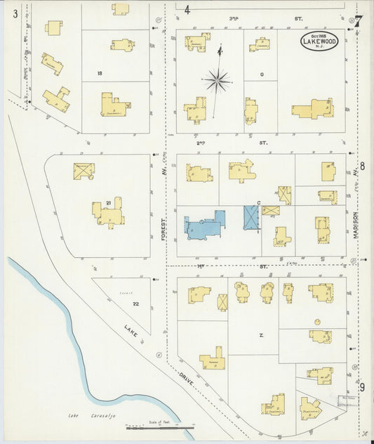 Sanborn Fire Insurance Map from Lakewood, Ocean County, New Jersey (1905), Sheet #0007 - Historic Sanborn Fire Insurance Map Print, vintage old map wall art, antique decor, genealogy gift, New Jersey New Jersey map