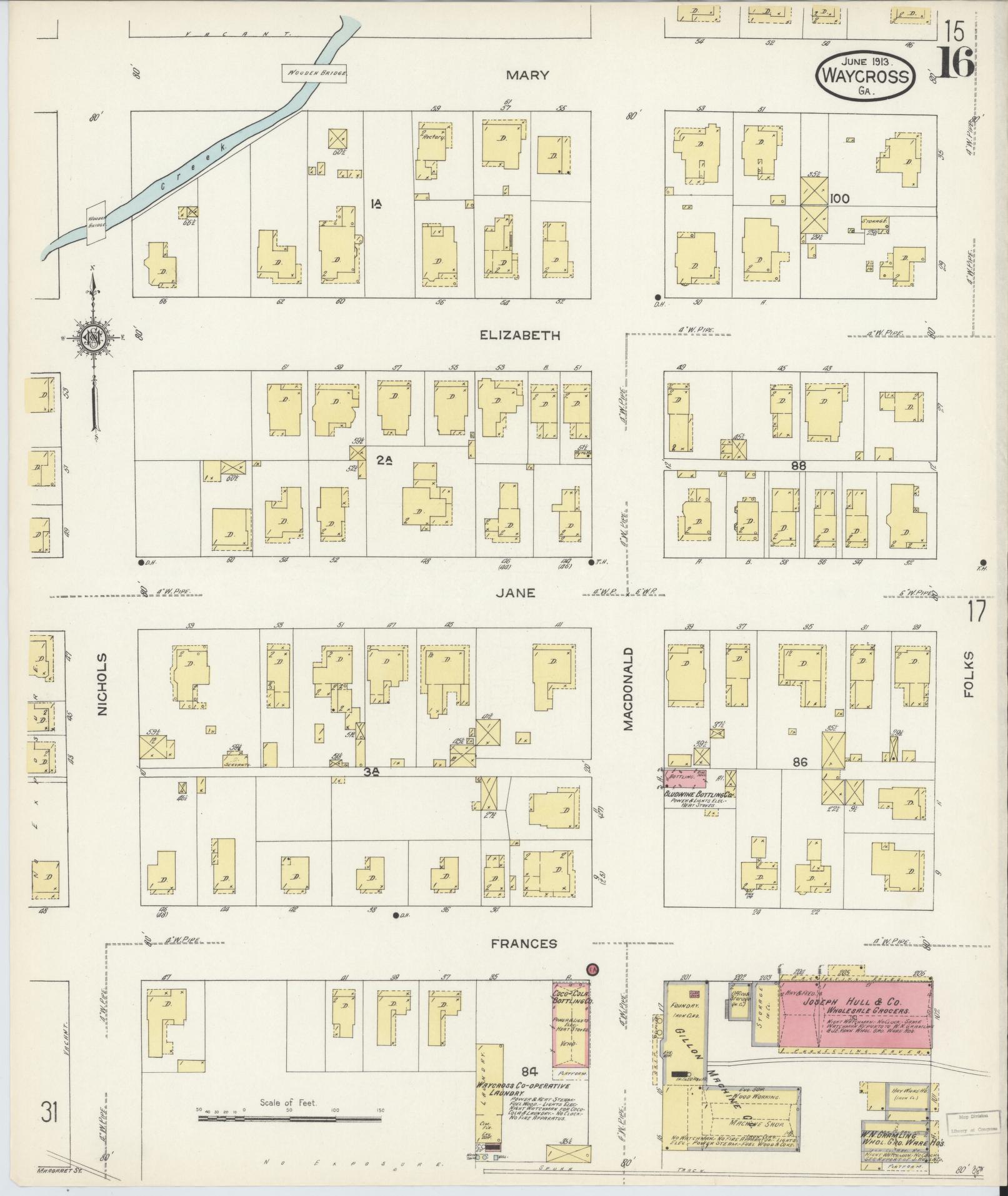 Sanborn Fire Insurance Map from Waycross, Ware County, Georgia (1913), Sheet #0016 - Complete Map Set gallery image, historic Sanborn map, vintage wall art, Georgia Georgia