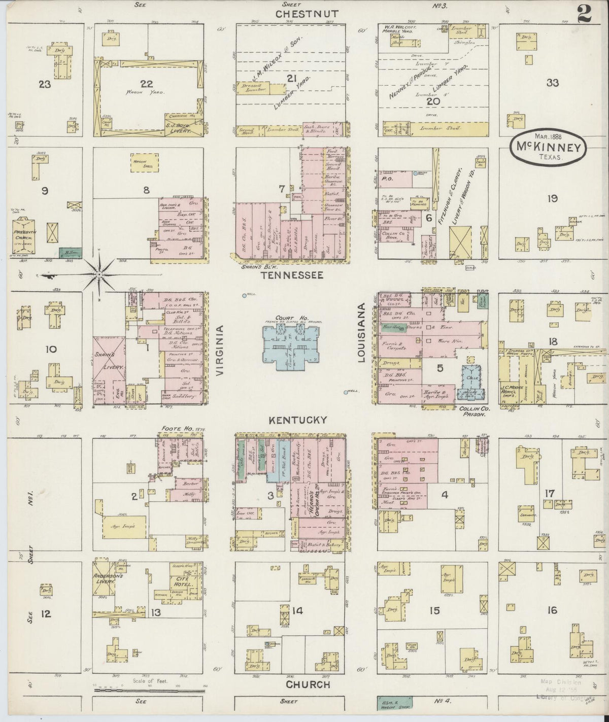 Sanborn Fire Insurance Map from McKinney, Collin County, Texas (1888), Sheet #0002 - Complete Map Set gallery image, historic Sanborn map, vintage wall art, Texas Texas
