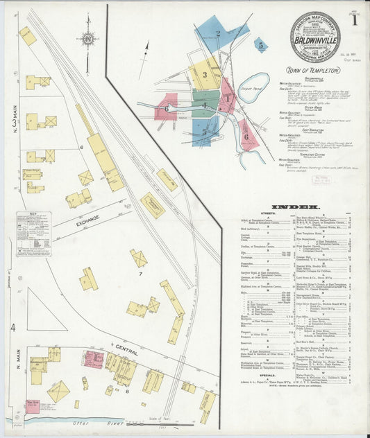 Sanborn Fire Insurance Map from Baldwinville, Worcester County, Massachusetts (1912), Sheet #0001 - Complete Map Set gallery image, historic Sanborn map, vintage wall art, Massachusetts Massachusetts