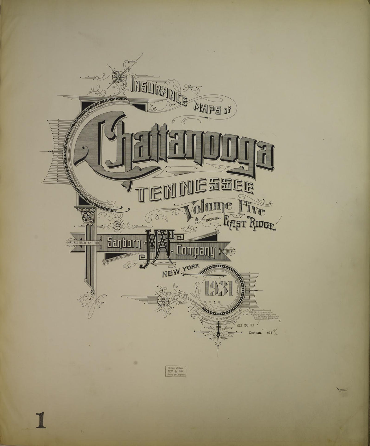 Sanborn Fire Insurance Map from Chattanooga, Hamilton County, Tennessee (1931), Sheet #0001 - Historic Sanborn Fire Insurance Map Print, vintage old map wall art, antique decor, genealogy gift, Tennessee Tennessee map