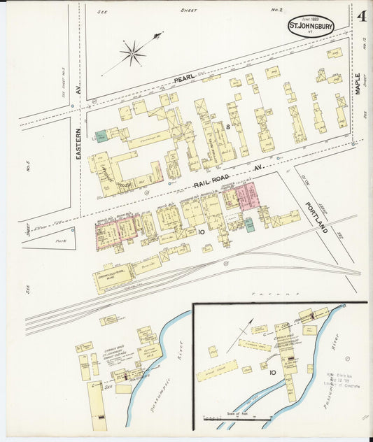 Sanborn Fire Insurance Map from Saint Johnsbury, Caledonia County, Vermont (1889), Sheet #0004 - Historic Sanborn Fire Insurance Map Print, vintage old map wall art, antique decor, genealogy gift, Vermont Vermont map