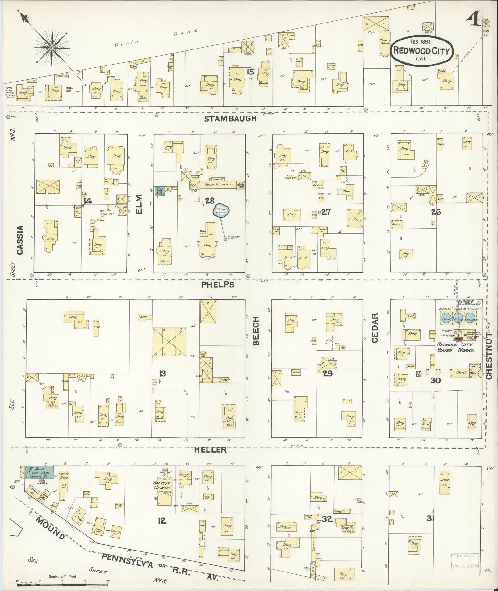 Sanborn Fire Insurance Map from Redwood City, San Mateo County, California (1891), Sheet #0004 - Complete Map Set gallery image, historic Sanborn map, vintage wall art, California California