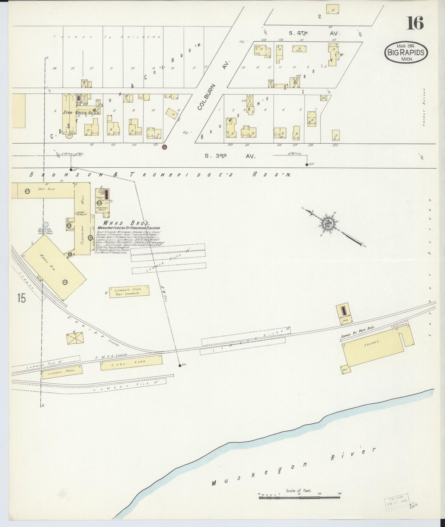Sanborn Fire Insurance Map from Big Rapids, Mecosta County, Michigan (1914), Sheet #0016 - Historic Sanborn Fire Insurance Map Print, vintage old map wall art, antique decor, genealogy gift, Michigan Michigan map