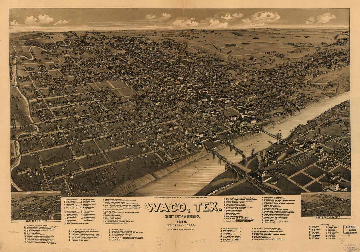 Waco, Texas, county seat of McLennan Cy. 1886. (1886) – Historic Bird’s-Eye View Panorama Print