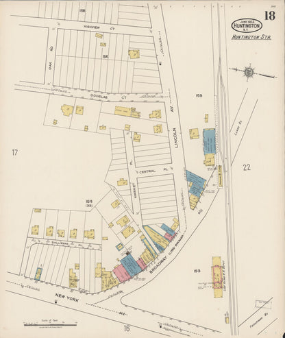 Sanborn Fire Insurance Map from Huntington, Suffolk County, New York (1922), Sheet #0018 - Historic Sanborn Fire Insurance Map Print, vintage old map wall art, antique decor, genealogy gift, New York New York map