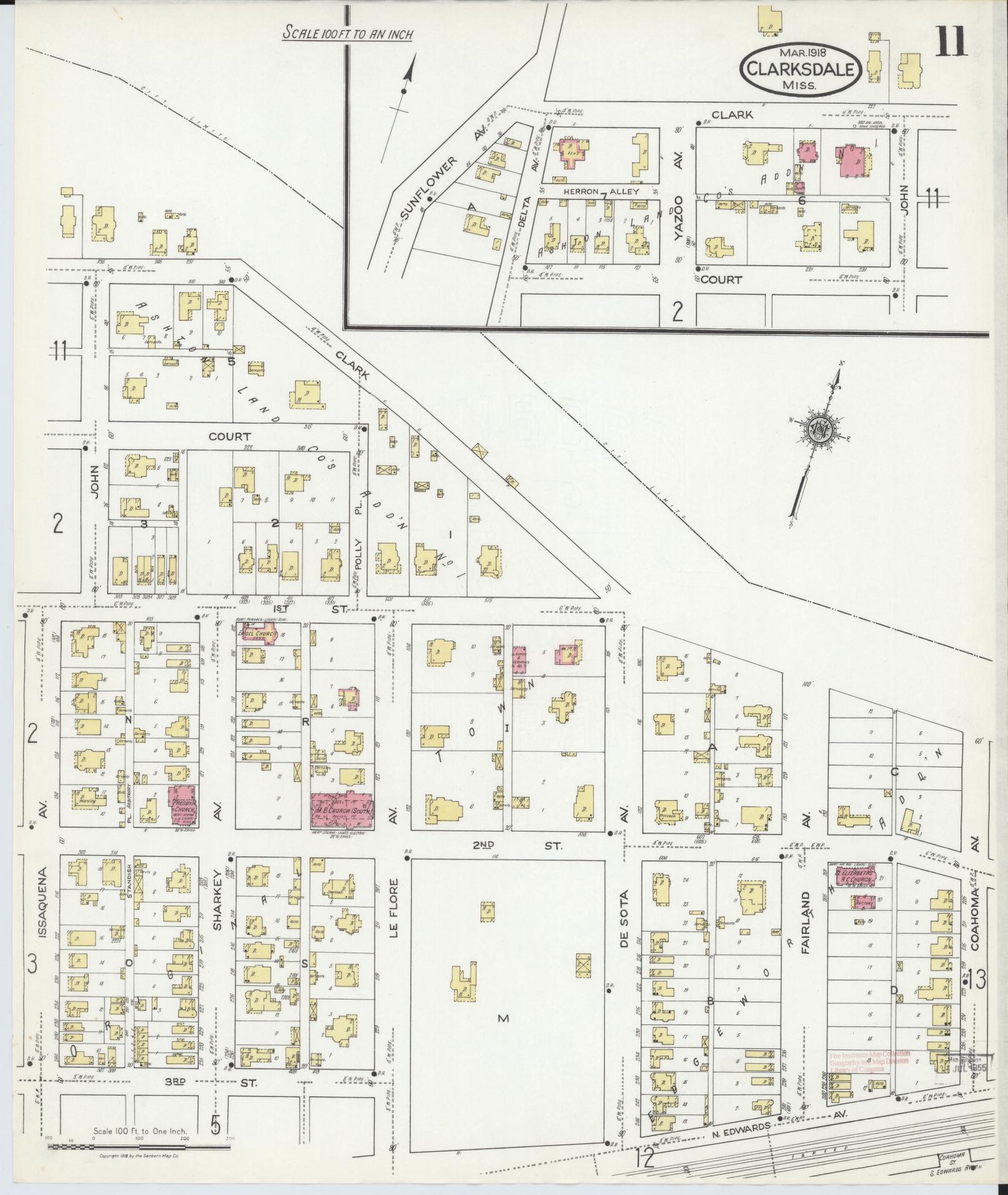 Sanborn Fire Insurance Map from Clarksdale, Coahoma County, Mississippi (1918), Sheet #0011 - Historic Sanborn Fire Insurance Map Print, vintage old map wall art, antique decor, genealogy gift, Mississippi Mississippi map