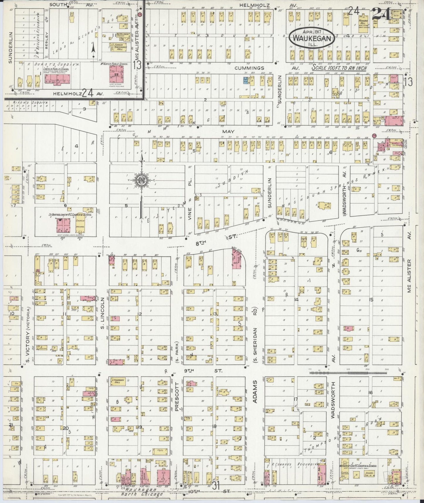 Sanborn Fire Insurance Map from Waukegan, Lake County, Illinois (1917), Sheet #0024 - Complete Map Set gallery image, historic Sanborn map, vintage wall art, Illinois Illinois