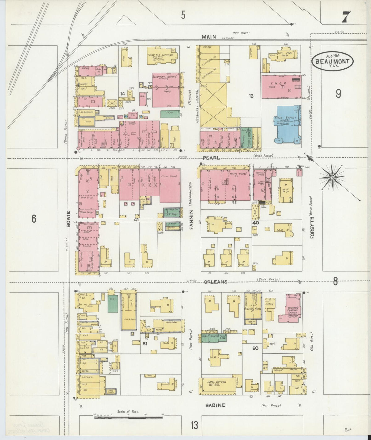 Sanborn Fire Insurance Map from Beaumont, Jefferson County, Texas (1904), Sheet #0007 - Complete Map Set gallery image, historic Sanborn map, vintage wall art, Texas Texas