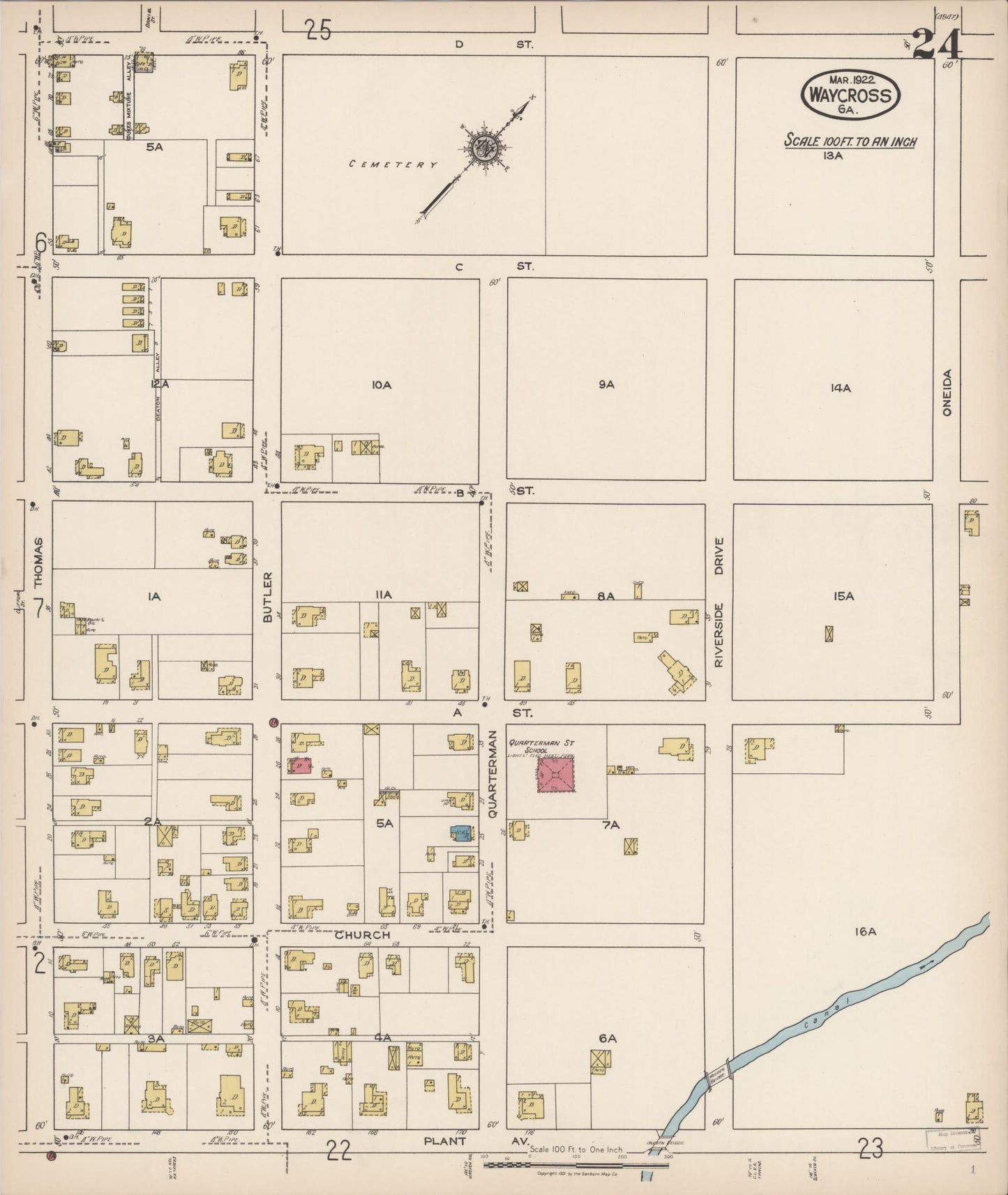 Sanborn Fire Insurance Map from Waycross, Ware County, Georgia (1922), Sheet #0024 - Complete Map Set gallery image, historic Sanborn map, vintage wall art, Georgia Georgia