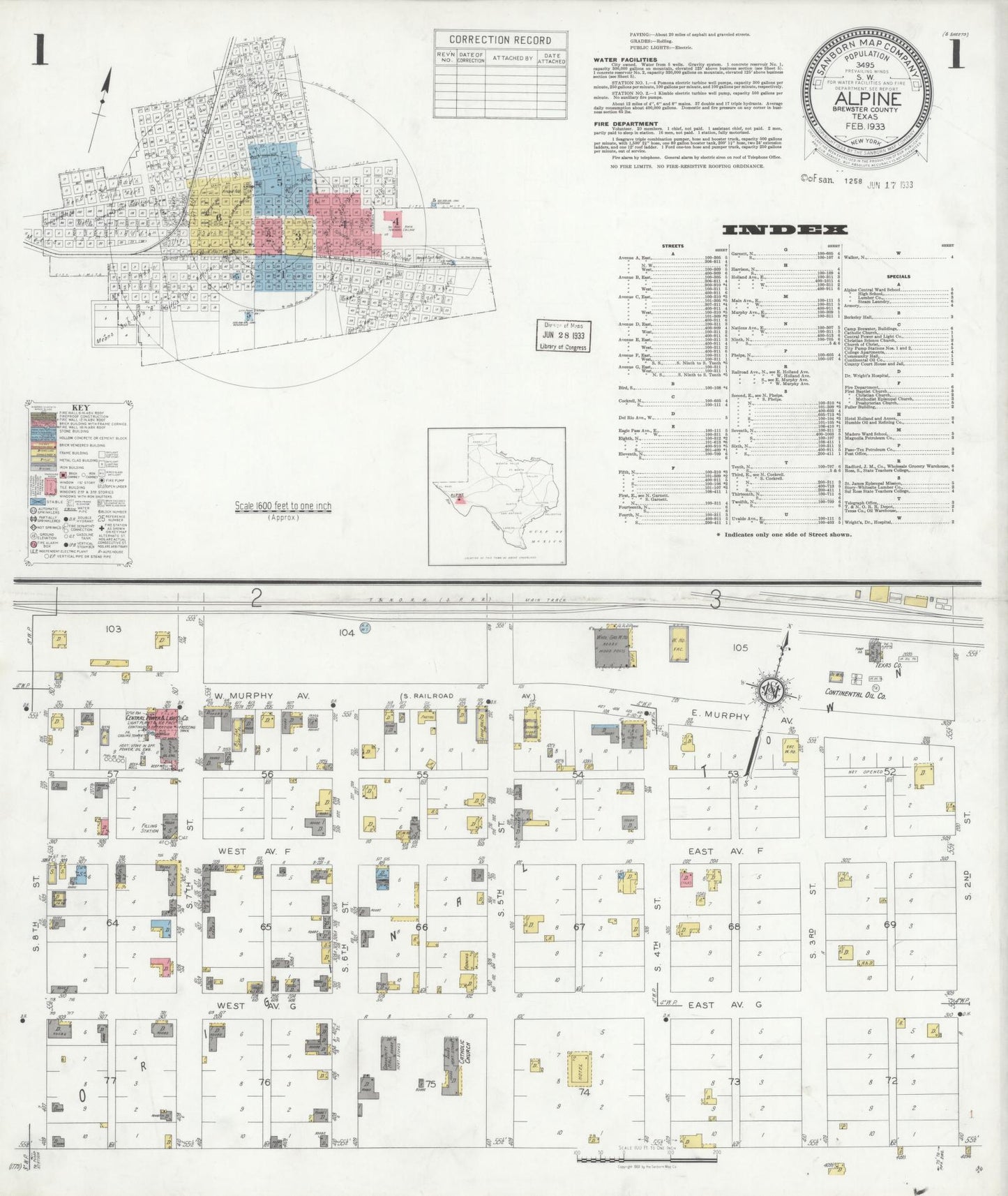 Sanborn Fire Insurance Map from Alpine, Brewster County, Texas (1933), Sheet #0001 - Historic Sanborn Fire Insurance Map Print, vintage old map wall art, antique decor, genealogy gift, Texas Texas map